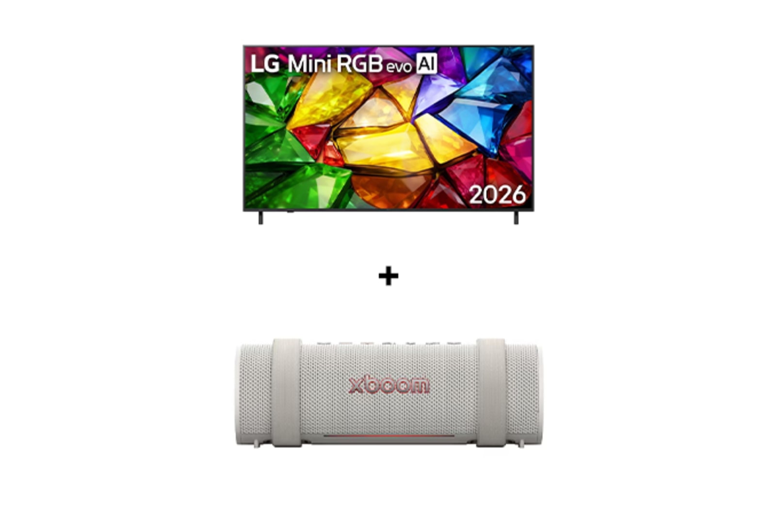 Vista frontal de 75 " LG Mini RGB evo AI MRGB85 4K Smart TV 2026 + LG xboom Grab by will.i.am | Parlantes Bluetooth | Sonido xboom con la máxima portabilidad 75MR85GRAB